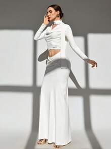 Aloruh Minimalist Commuter Cowl Neck Long Sleeve Top + Low Waist Ruched A-Line Mini Skirt - White - View 4