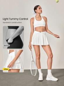 GLOWMODE Let's Play Sweat-Wicking Stretchy Mid-Rise Crossover Waist Pleated Tennis Skirt With Built-In Shorts Side Pockets Tennis Golf Daily - White - View 3