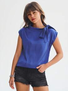 SHEIN LUNE 繫帶領蝙蝠袖緞面襯衫