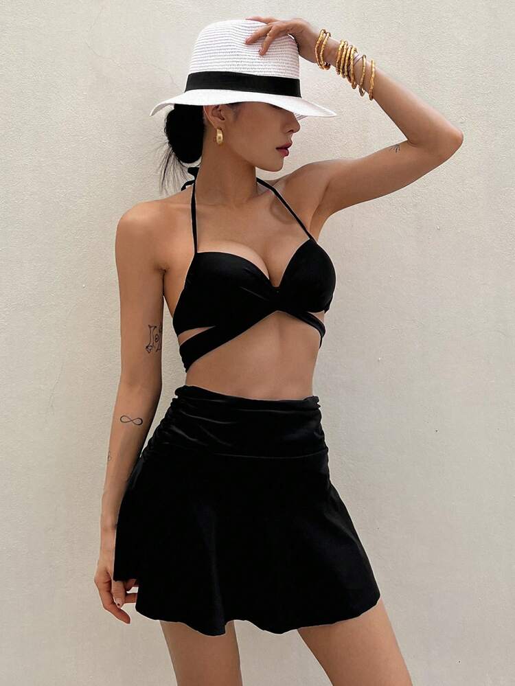 Ladies Vacation Solid Color Sexy Halter Bikini Set With Cover-Up Skirt, For Summer Beach,Tankini Bathing Suit