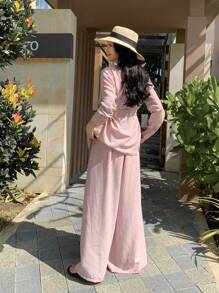 Women Elegant Asymmetrical Blouse And Wide-Leg Pants Two-Piece Sets Lounge Sets For Women - Pink - View 6