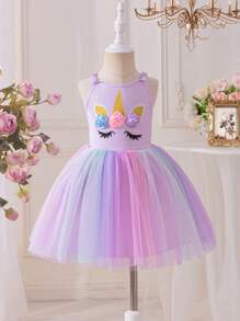 SHEIN Playful Pals 0-3岁女婴梦幻可爱多色多巴胺彩虹薄纱连衣裙 - 彩色 - 查看 9