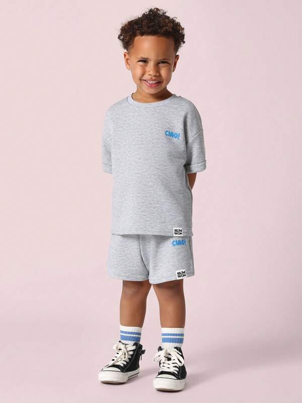 SUMWON Summer Kids Two-Piece Ciao Sweatshirt Set Athletic Loungewear Drawstring Shorts Retro Sports Casual Play Outfit With Stripped Socks Back To School Spring Set
