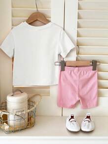 SHEIN Leap Crew Baby Girl Casual Minimalist Short Sleeve 2pcs Set, Suitable For Spring/Summer - Multicolor - View 2