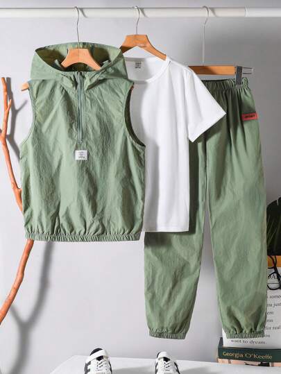 ¡Compra 2 y llévate 1 gratis! Conjunto de 3 piezas de ropa informal y deportiva elegante para niño preadolescente: Chaleco con capucha suave, pantalones de cintura elástica y camiseta interior, adecuado para otoño, primavera, verano, diario, aire libre, escuela, calle, fiesta y ocio en el hogar