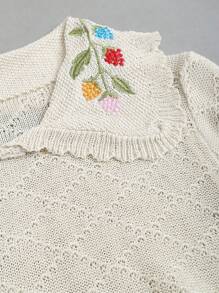 Sweetra Women's Vintage Sweet Apricot Loose French Embroidery Peter Pan Collar Short Sleeve Lightweight Knit Sweater Top - Apricot - View 6