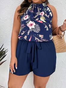 SHEIN VCAY Plus Floral Print Halter Top & Knot Front Summer Shorts,Holiday Outfits Boho - Navy Blue - View 5