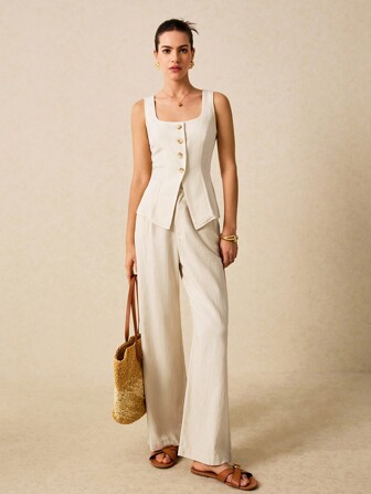 Poéselle 亚麻上衣，亚麻前扣装饰西装上衣，前开衩衬衫，简约优雅，复古时尚风格，天然舒适面料，透气性好，适合日常通勤和度假穿着。