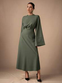 EURMUSE Women Long Sleeve Solid Color Long Dress, Casual Minimalist Fashion For Daily Wear - Olive Green - View 3