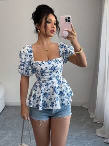 Elenzga 全新设计女式方领泡泡袖收腰荷叶边下摆小碎花休闲优雅衬衫 - 彩色 - 查看 1