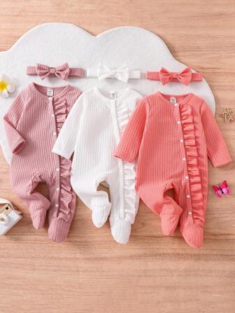 3pcs/Set Newborn Solid Color Series White, Pink, Watermelon Pink Long Sleeve Romper And Headband Homesuit Set