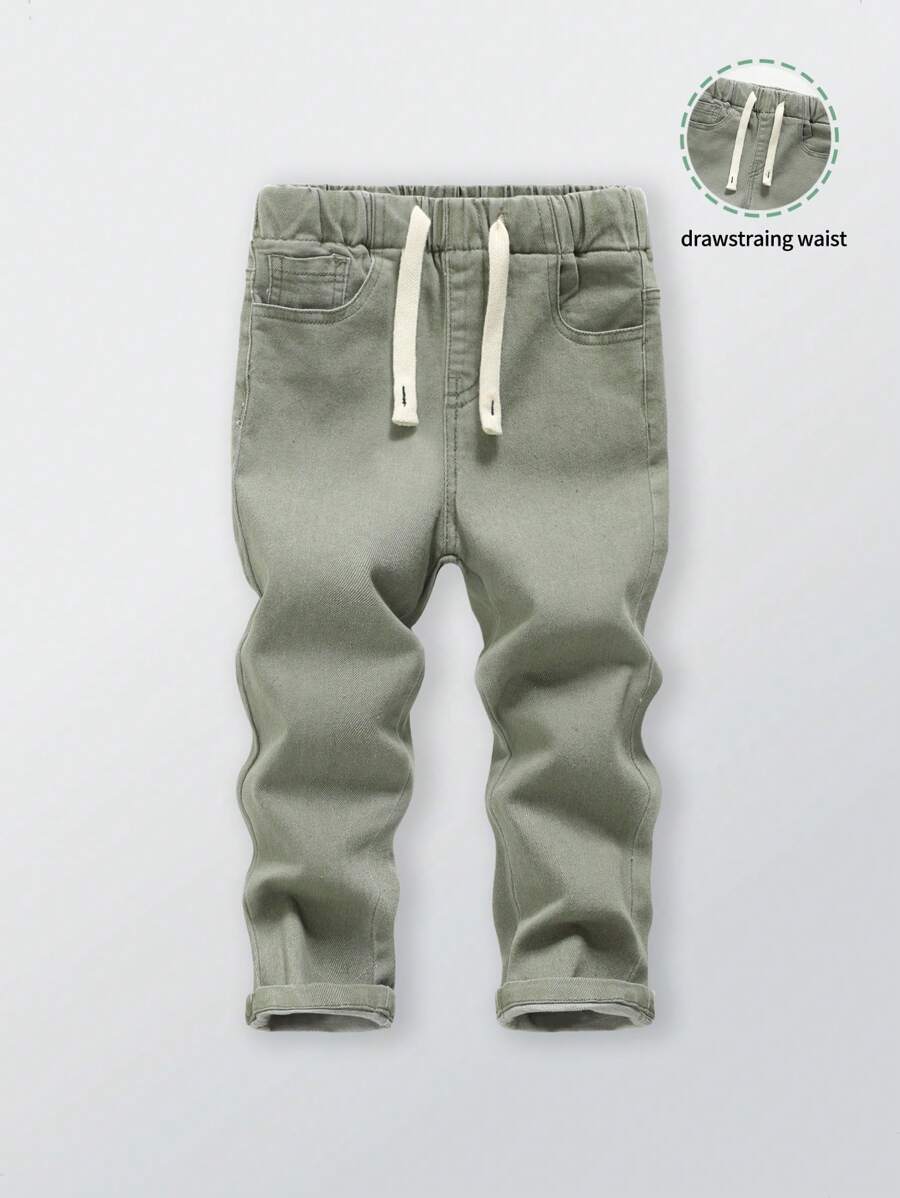 SHEIN Playful Pals Young Boy Drawstring Waist All-Match Solid Elastic Waist Skinny Fit Casual Regular Jeans, Light Grey, School, Campus, College Chic Outfits For Autumn/Winter - Army Green - View 1