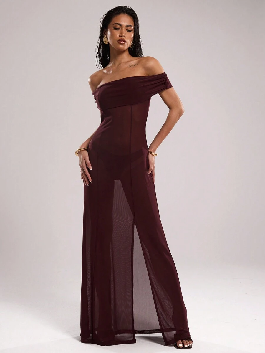 SHEIN BAE Vestido largo de gasa con hombros descubiertos y abertura lateral transparente, para conjunto de verano de playa, vacaciones, vestidos de verano para mujer, ropa de playa, vestidos de playa para mujeres, conjuntos de 2 piezas, ropa occidental para mujer, cubiertas de playa occidentales para trajes de baño, vestidos largos para mujeres