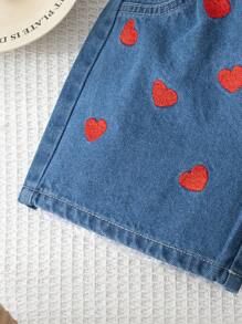 年轻女孩夏季新款红色细肩带飘逸领短款上衣和心形刺绣牛仔短裤两件套休闲甜美装 - 彩色 - 查看 6