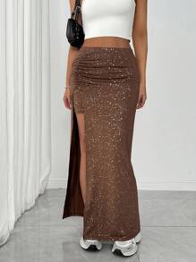 SHEIN EZwear Women's Silver Foil Pleated Side Slit A-Line Skirt - Brown - View 5