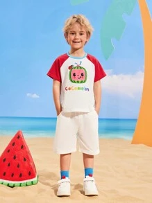 CoComelon X SHEIN Áo thun tay ngắn cổ tròn in họa tiết dưa hấu dễ thương cho bé trai mùa hè màu sắc hoạt hình tương phản - trắng - Xem 6