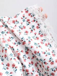 SHEIN Unity Women's Cute Ditsy Floral Lace Trim Tie Front Summer Crop Top - White - View 3