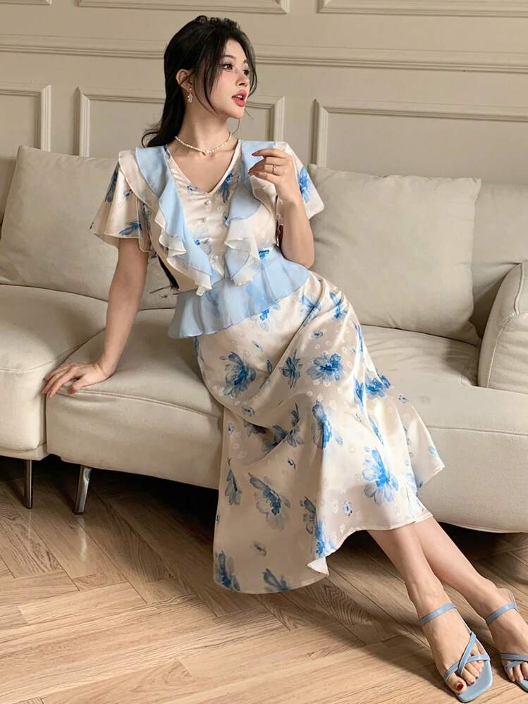 DAZY Đầm hoa dáng lửng có bèo nhún cho nữ, kiểu dáng mùa hè. - Màu xanh lam - Xem 4