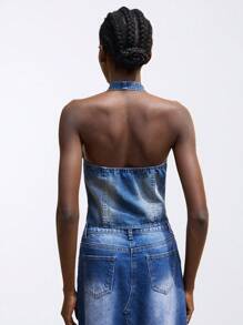 Maija Tops de mujer de tela vaquera con cuello halter para primavera y verano - Azul lavado medio - Ver 3