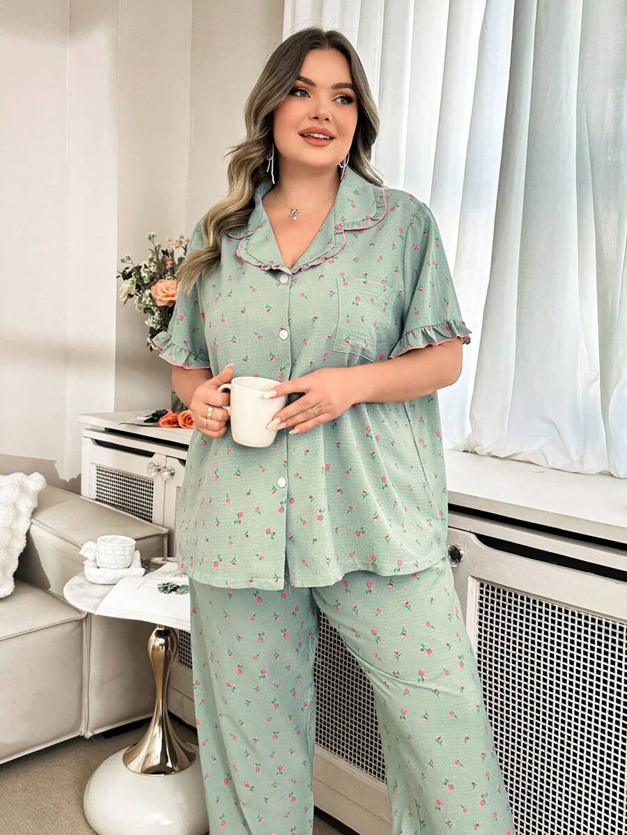 CottageSlumber Ruffled Collar Buttoned Puff Sleeve Ditsy Floral Plus Size Short Sleeve Top And Pants Pajama Set, Cozy And Elegant Details - Multicolor - View 1