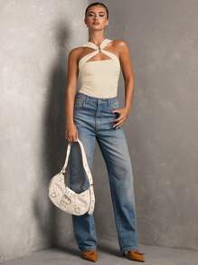 SHEIN BAE Women Spring Summer Metal Decor Halter Bodysuit - Apricot - View 3