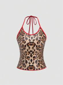 SHEIN Unity 时尚性感豹纹亮片撞色露背挂脖背心 - 彩色 - 查看 1