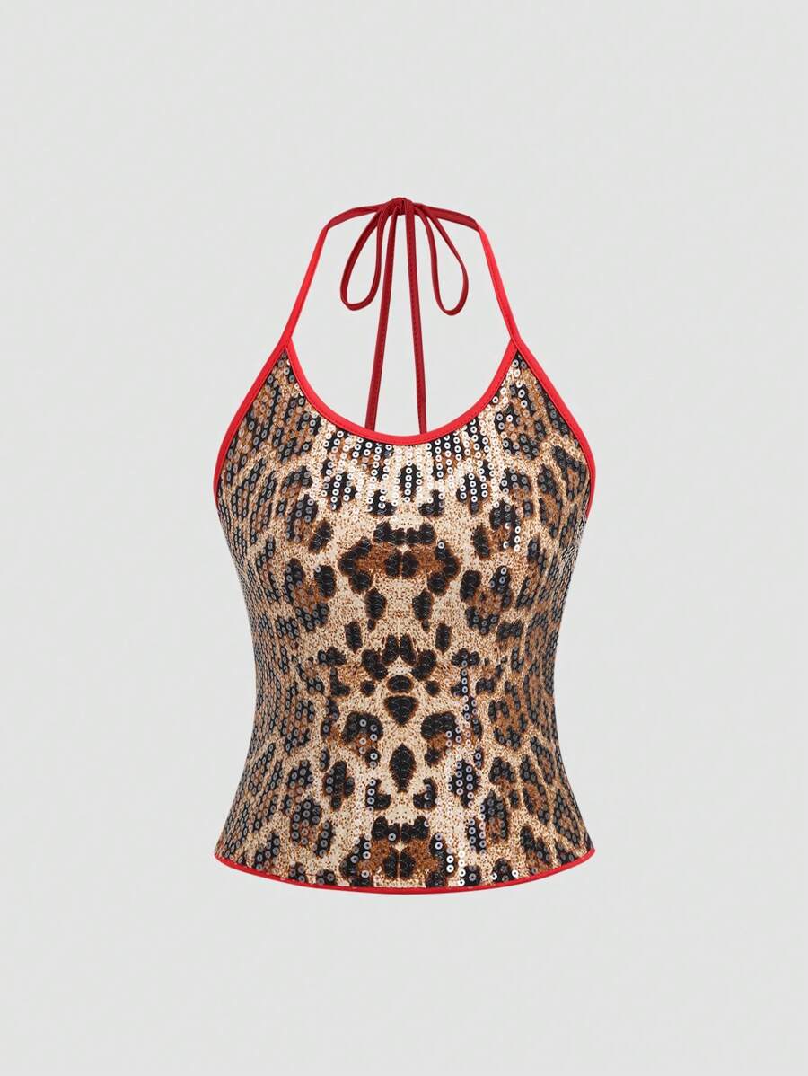 SHEIN Unity 时尚性感豹纹亮片撞色露背挂脖背心 - 彩色 - 查看 1