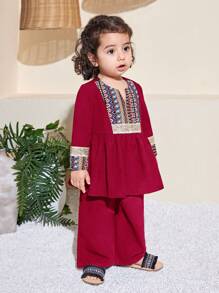 SHEIN Baby Girl Cute Retro Burgundy Long Sleeve Top & Elastic Waist Pants 2pcs Set, Spring/Summer
