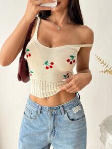 Lunelith SHEIN Lunessa Top sin mangas de punto en color albaricoque con bordado de cerezas hueco y cuello en V, de estilo minimalista y elegante, para verano