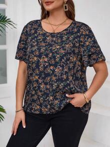 SHEIN Clasi 大码女式花卉印花圆领短袖衬衫、度假装 - 藏蓝色 - 查看 5