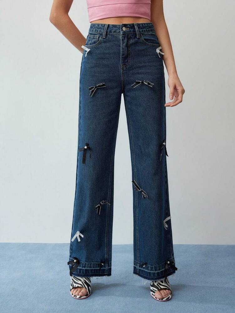 MOTF STUDIO BOW DECOR WIDE LEG JEANS