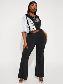 SHEIN SXY 2pcs/Set Plus Size Women Letter Print Short Sleeve Top And Flare Pants - Multicolor - View 1