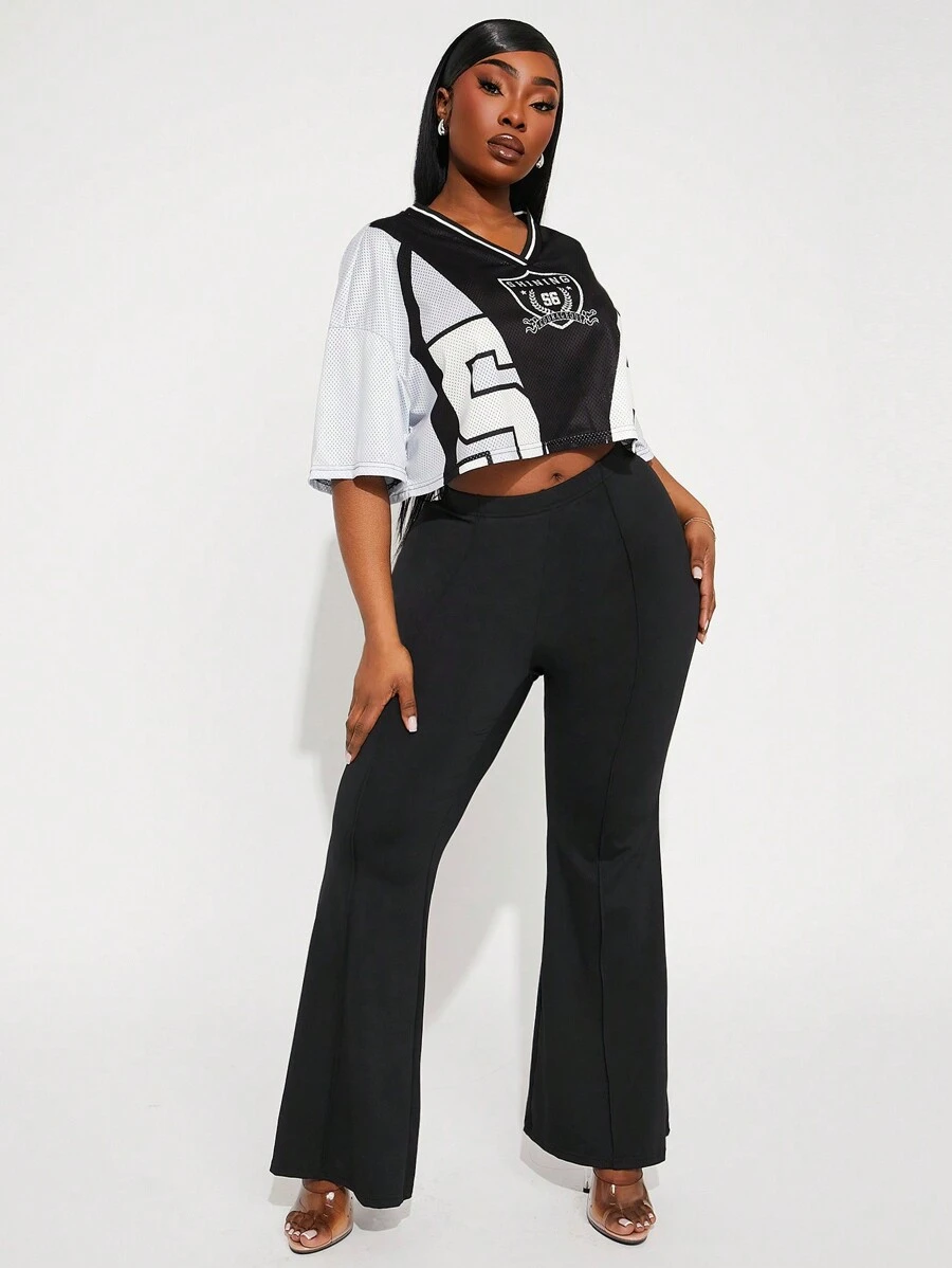 SHEIN SXY 2pcs/Set Plus Size Women Letter Print Short Sleeve Top And Flare Pants - Multicolor - View 1
