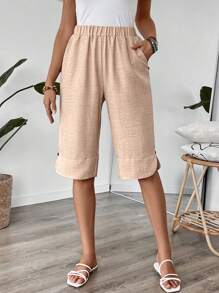 EMERY ROSE 女士休闲乡村风格纽扣装饰亚麻中长裤夏季 - 卡其色 - 查看 3