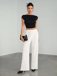 SHEIN Tall Soft White Knitted Waffle Lounge Lounge Pants, Loose Wide Leg Pants - White - View 4