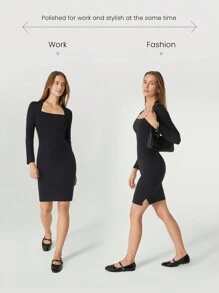 GLOWMODE FeatherFit™-Air Slim Fit Envelope Neck Long Sleeve Side Slit Dress Daily Casual Removable Cups - Black - View 2