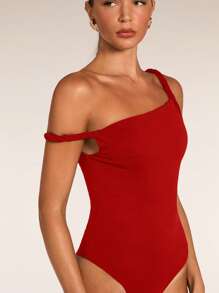 SHEIN BAE Women's Summer Solid Black Asymmetric Neckline Twist Bodysuit/ Fashionable Casual Fitted Sleeveless Bodysuit