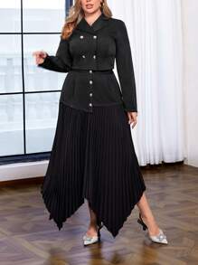 SHEIN Unity Double-Breasted Blazer & Asymmetrical Hem Midi Skirt Suit Set, Plus Size - Black - View 4