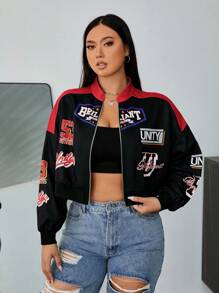 SHEIN EZwear 大码女式彩色块字母印花短款夹克 - 紅色 - 查看 7