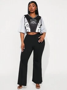 SHEIN SXY 2pcs/Set Plus Size Women Letter Print Short Sleeve Top And Flare Pants - Multicolor - View 5