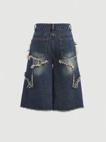 SHEIN Tween Girls Y2K Vintage Washed Star Patched Printed,Belt Loop, Frayed Edge,Denim Capri Baggy Jeans Long Shorts With Raw Hem, Casual & Fashionable For Everyday Wear,School,Streetwear