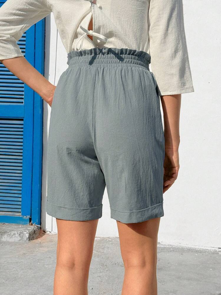 Bermuda Shorts, Solid Color Side Pockets, Loose Fit,Mid-Waist, Essential Basic Style