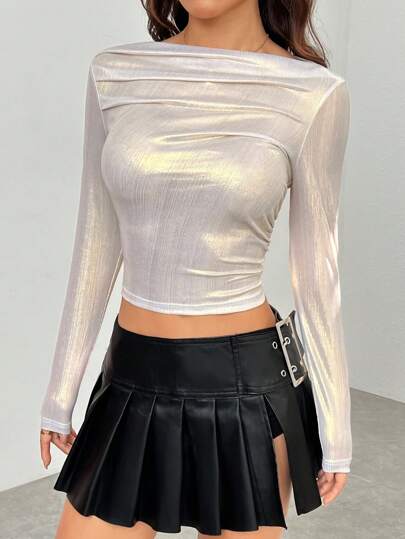 SHEIN PETITE Women's Long Sleeve Metallic Design T-Shirt, Minimalist Fashion For Casual Everyday Wear