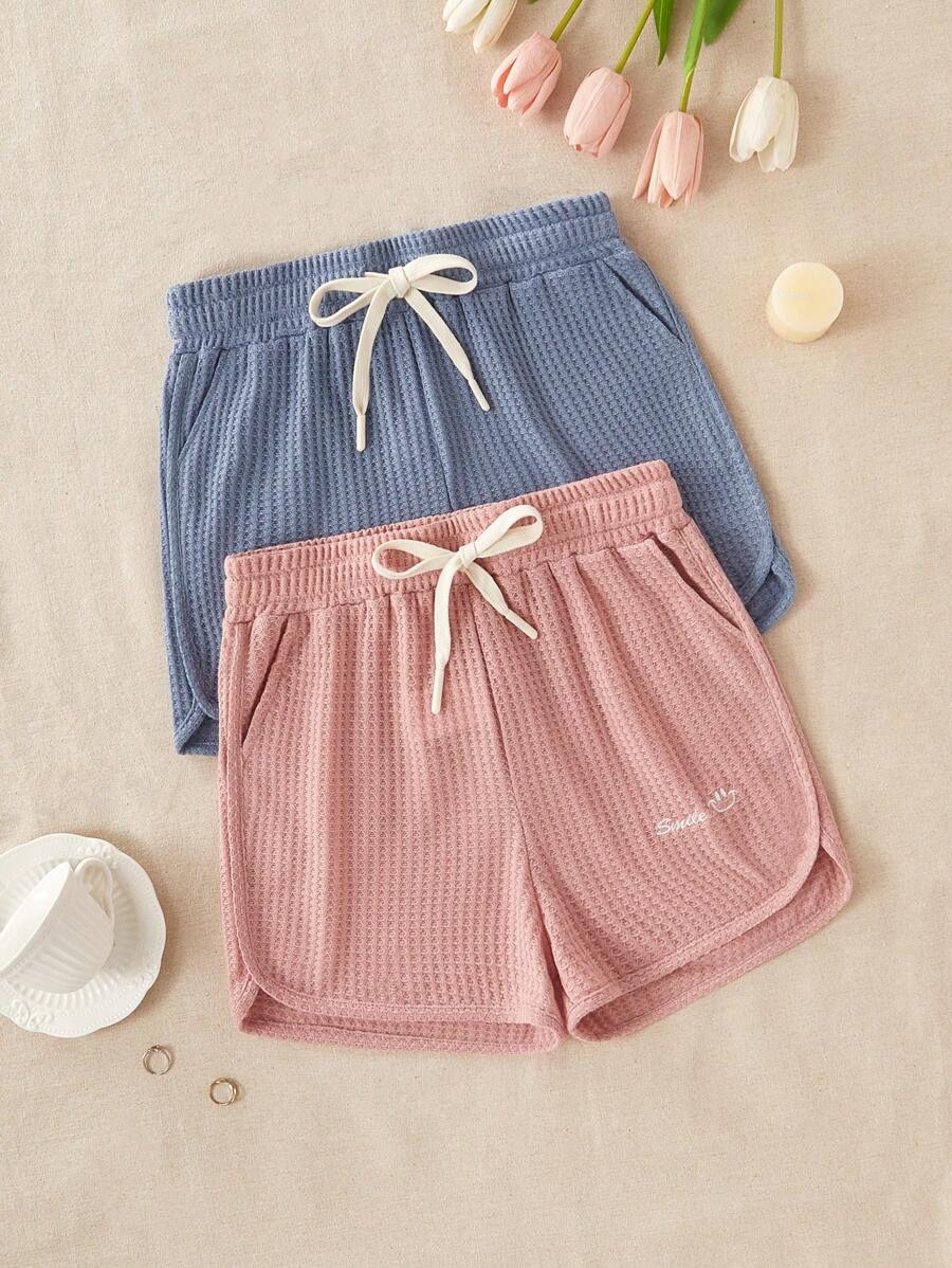 2pcs/Set Women Lettering Embroidery Elastic Waist Drawstring Lounge Pants Home Wear - Multicolor - View 1