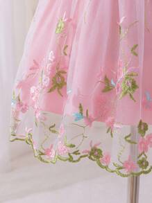 SHEIN 女婴幼儿 0-3 岁优雅公主花卉网眼泡泡袖粉色连衣裙，春夏 - 粉色 - 查看 5