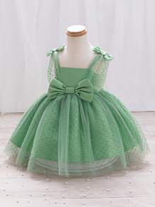 SHEIN 女婴植绒网眼薄纱派对礼服，节日/派对/洗礼休闲可爱连衣裙，适合拍摄，秋冬季 - 綠色 - 查看 6