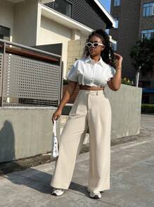 SHEIN EZwear Plus Size Casual Wide Leg Commuter Pants - Apricot - View 4