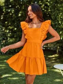 SHEIN VCAY 女士纯色荷叶边下摆休闲迷你连衣裙、度假连衣裙 - 橘色 - 查看 4