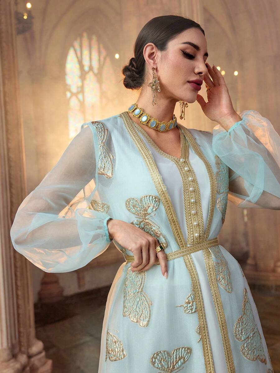 Al Najma Women's Elegant Butterfly Pattern Turkish & Arabic Traditional Long Dress