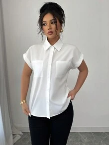 Elenzga 女士白色短袖衬衫，简约设计，轻盈宽松复古香港风格无袖衬衫 - 白色 - 查看 6